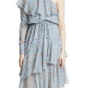 Anthropologie Floral Blue One-Shoulder tiered Dress - size M